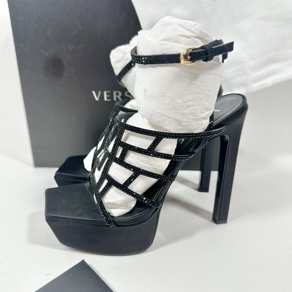 Versace La Greca 38 Maze Crystal Embellished Black Platform Sandal NIB $1,725 - Picture 7 of 13